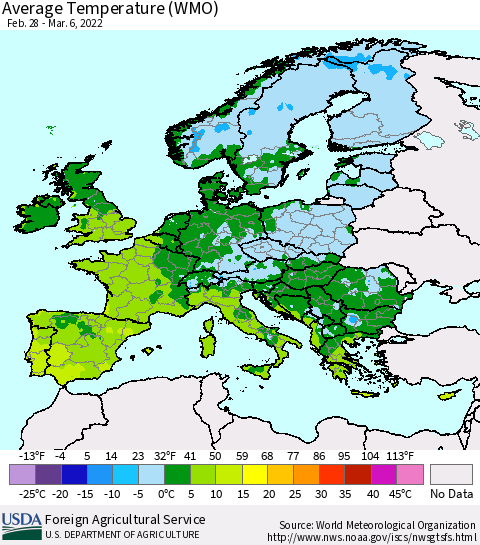 Europe Average Temperature (WMO) Thematic Map For 2/28/2022 - 3/6/2022
