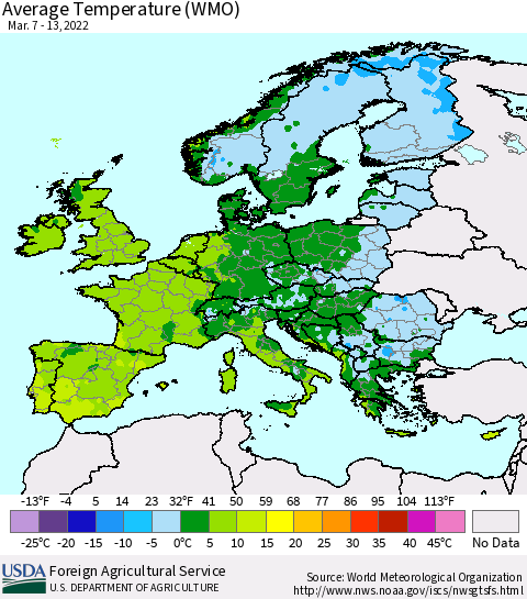 Europe Average Temperature (WMO) Thematic Map For 3/7/2022 - 3/13/2022