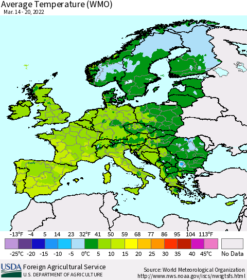 Europe Average Temperature (WMO) Thematic Map For 3/14/2022 - 3/20/2022