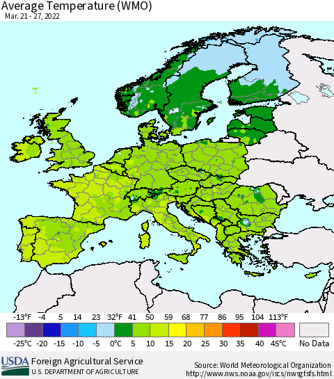 Europe Average Temperature (WMO) Thematic Map For 3/21/2022 - 3/27/2022