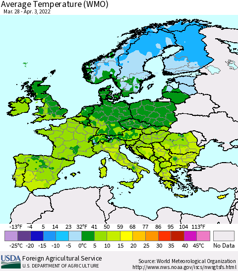 Europe Average Temperature (WMO) Thematic Map For 3/28/2022 - 4/3/2022
