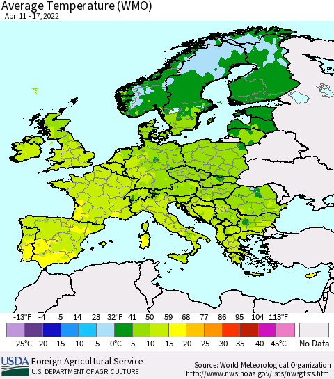 Europe Average Temperature (WMO) Thematic Map For 4/11/2022 - 4/17/2022