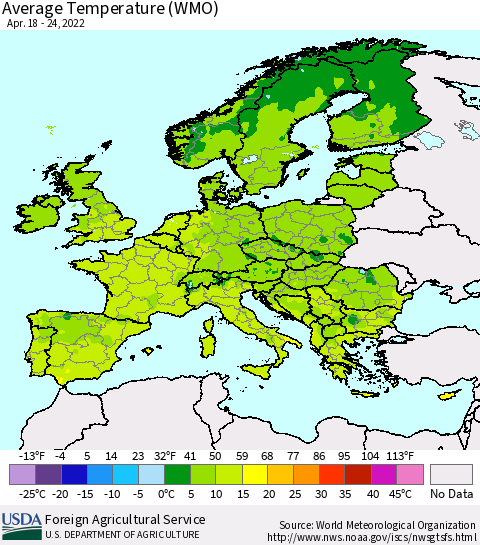 Europe Average Temperature (WMO) Thematic Map For 4/18/2022 - 4/24/2022