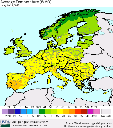 Europe Average Temperature (WMO) Thematic Map For 5/9/2022 - 5/15/2022