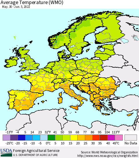 Europe Average Temperature (WMO) Thematic Map For 5/30/2022 - 6/5/2022