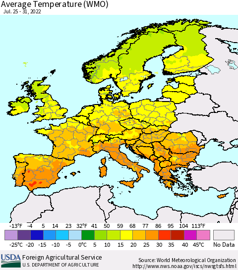 Europe Average Temperature (WMO) Thematic Map For 7/25/2022 - 7/31/2022