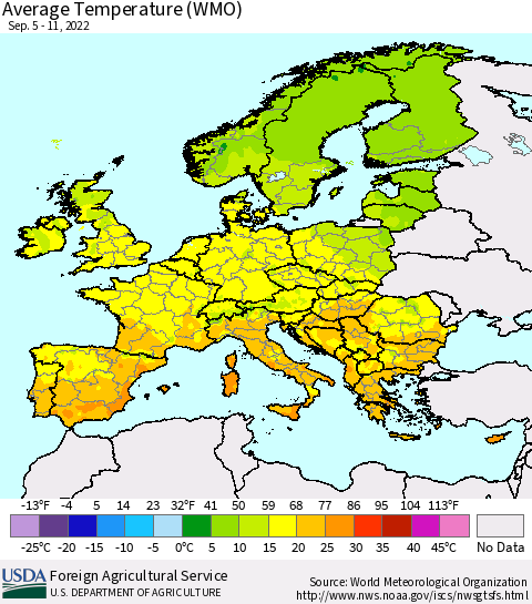 Europe Average Temperature (WMO) Thematic Map For 9/5/2022 - 9/11/2022