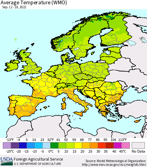 Europe Average Temperature (WMO) Thematic Map For 9/12/2022 - 9/18/2022