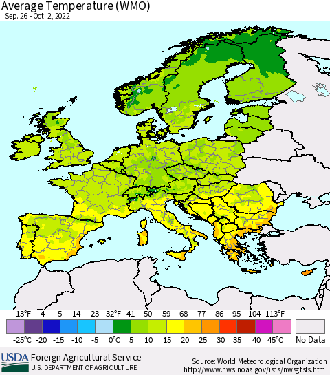 Europe Average Temperature (WMO) Thematic Map For 9/26/2022 - 10/2/2022