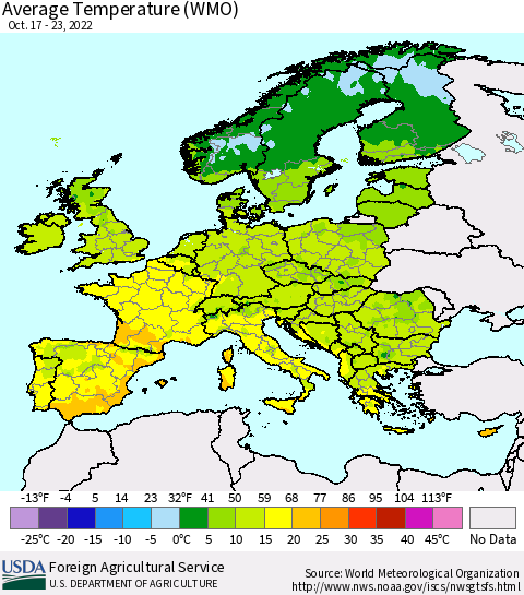 Europe Average Temperature (WMO) Thematic Map For 10/17/2022 - 10/23/2022