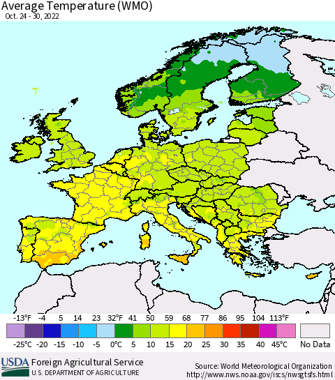 Europe Average Temperature (WMO) Thematic Map For 10/24/2022 - 10/30/2022
