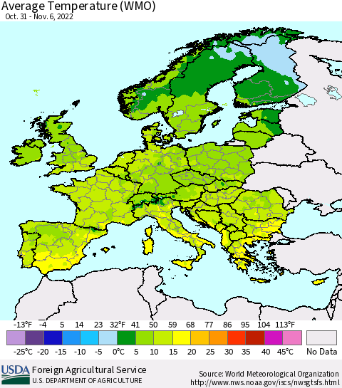 Europe Average Temperature (WMO) Thematic Map For 10/31/2022 - 11/6/2022