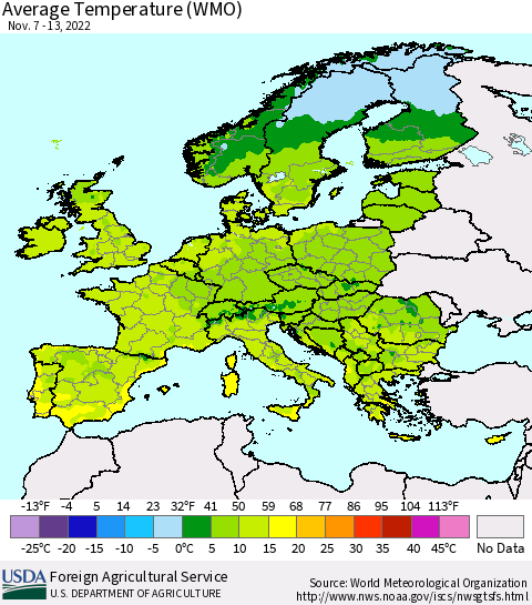 Europe Average Temperature (WMO) Thematic Map For 11/7/2022 - 11/13/2022