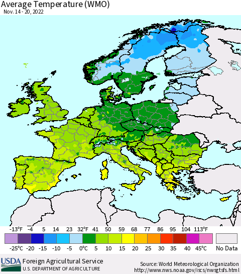 Europe Average Temperature (WMO) Thematic Map For 11/14/2022 - 11/20/2022