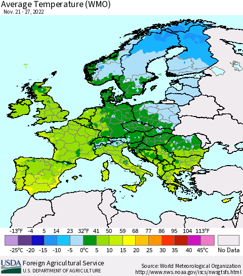 Europe Average Temperature (WMO) Thematic Map For 11/21/2022 - 11/27/2022