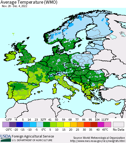 Europe Average Temperature (WMO) Thematic Map For 11/28/2022 - 12/4/2022