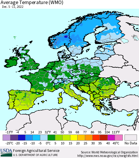 Europe Average Temperature (WMO) Thematic Map For 12/5/2022 - 12/11/2022
