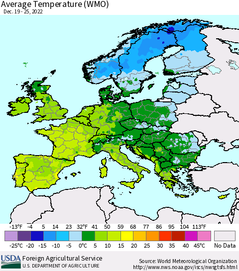 Europe Average Temperature (WMO) Thematic Map For 12/19/2022 - 12/25/2022