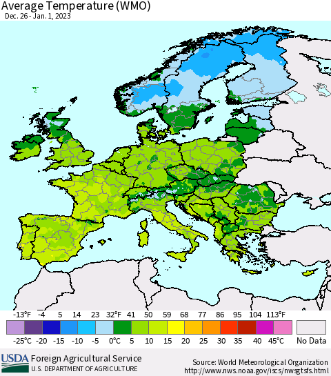 Europe Average Temperature (WMO) Thematic Map For 12/26/2022 - 1/1/2023