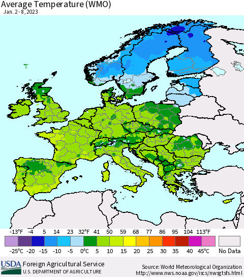 Europe Average Temperature (WMO) Thematic Map For 1/2/2023 - 1/8/2023