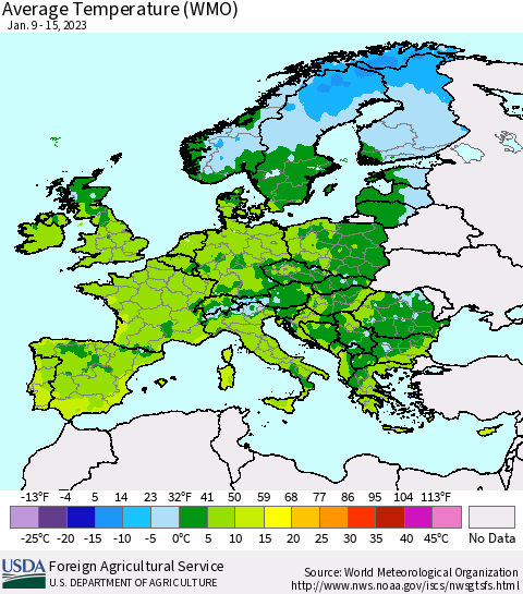 Europe Average Temperature (WMO) Thematic Map For 1/9/2023 - 1/15/2023