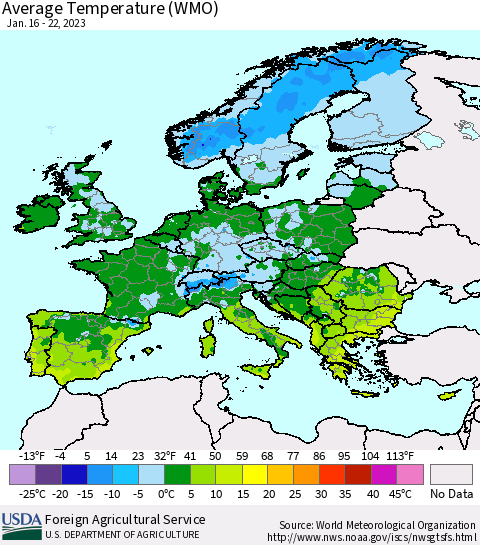 Europe Average Temperature (WMO) Thematic Map For 1/16/2023 - 1/22/2023