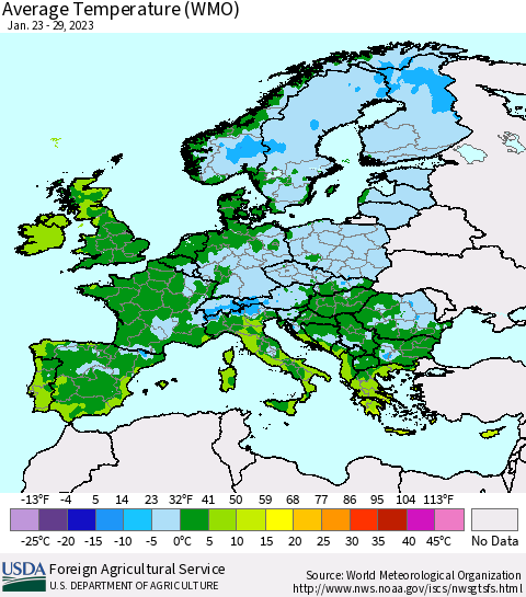 Europe Average Temperature (WMO) Thematic Map For 1/23/2023 - 1/29/2023
