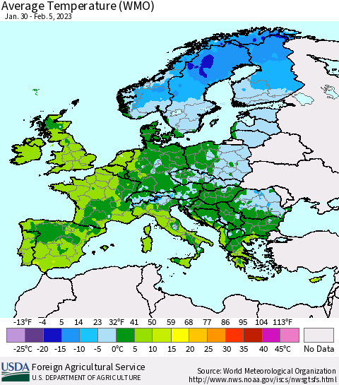 Europe Average Temperature (WMO) Thematic Map For 1/30/2023 - 2/5/2023