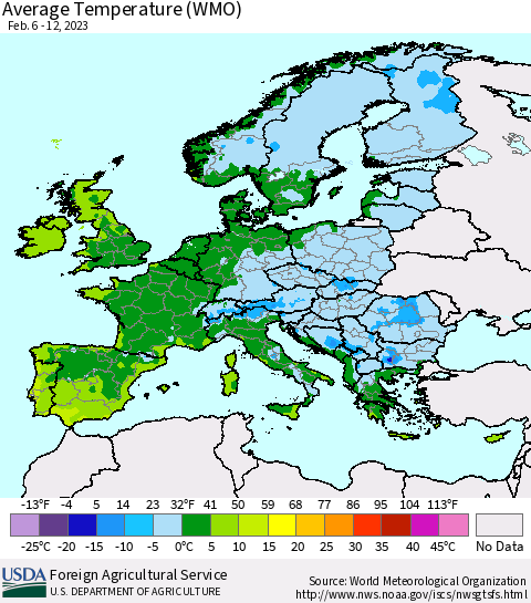 Europe Average Temperature (WMO) Thematic Map For 2/6/2023 - 2/12/2023