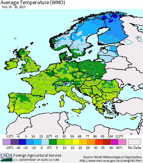Europe Average Temperature (WMO) Thematic Map For 2/20/2023 - 2/26/2023