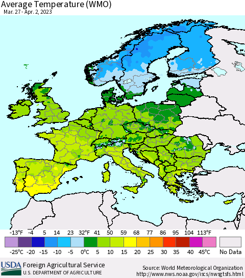 Europe Average Temperature (WMO) Thematic Map For 3/27/2023 - 4/2/2023