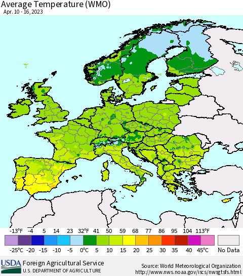 Europe Average Temperature (WMO) Thematic Map For 4/10/2023 - 4/16/2023