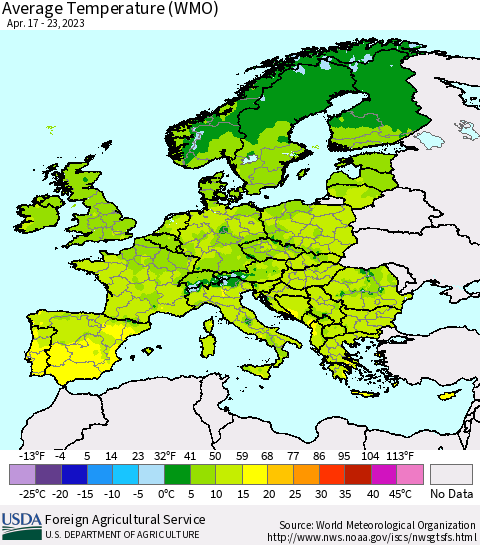 Europe Average Temperature (WMO) Thematic Map For 4/17/2023 - 4/23/2023
