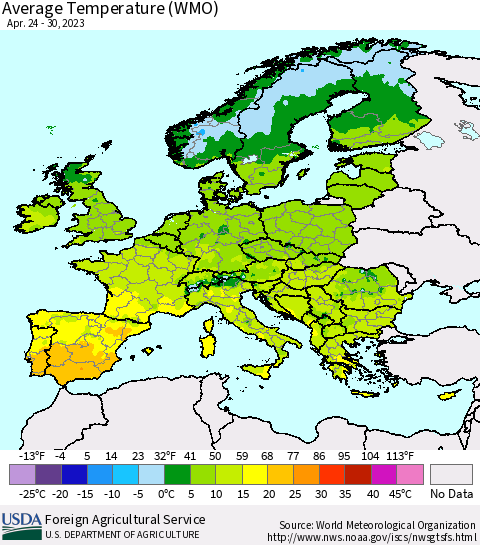 Europe Average Temperature (WMO) Thematic Map For 4/24/2023 - 4/30/2023