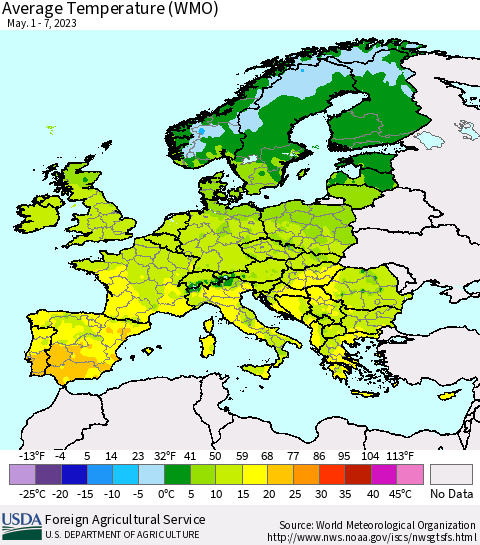 Europe Average Temperature (WMO) Thematic Map For 5/1/2023 - 5/7/2023