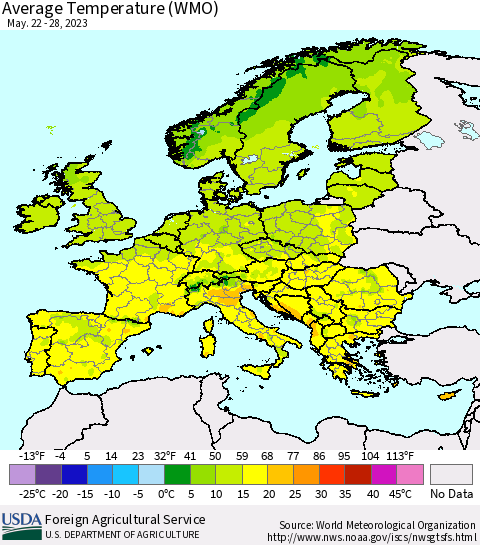 Europe Average Temperature (WMO) Thematic Map For 5/22/2023 - 5/28/2023