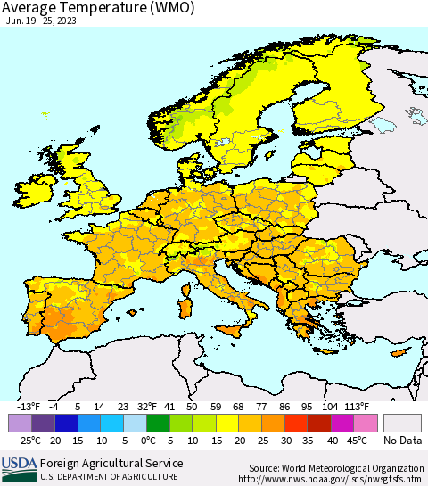 Europe Average Temperature (WMO) Thematic Map For 6/19/2023 - 6/25/2023
