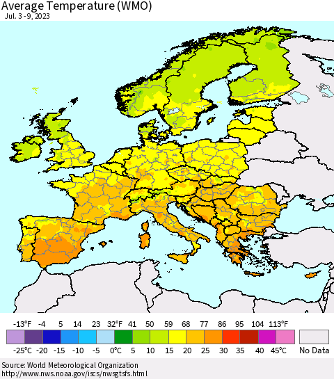 Europe Average Temperature (WMO) Thematic Map For 7/3/2023 - 7/9/2023