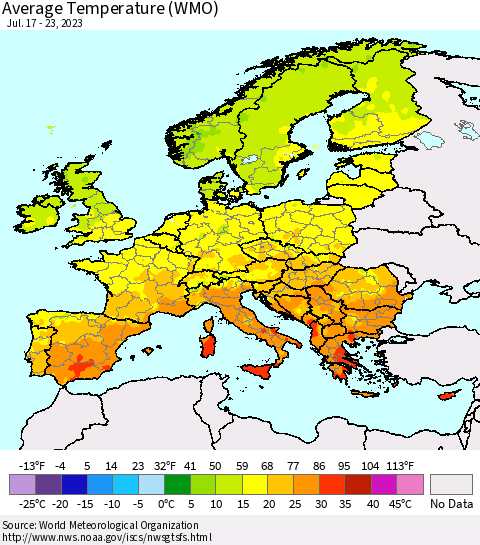 Europe Average Temperature (WMO) Thematic Map For 7/17/2023 - 7/23/2023