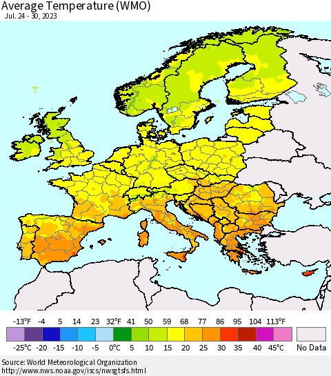 Europe Average Temperature (WMO) Thematic Map For 7/24/2023 - 7/30/2023