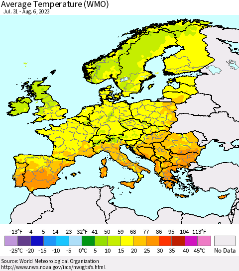 Europe Average Temperature (WMO) Thematic Map For 7/31/2023 - 8/6/2023