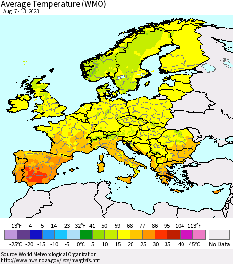 Europe Average Temperature (WMO) Thematic Map For 8/7/2023 - 8/13/2023
