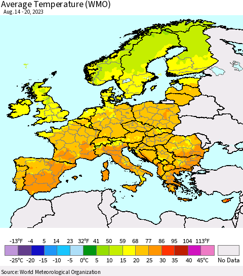 Europe Average Temperature (WMO) Thematic Map For 8/14/2023 - 8/20/2023