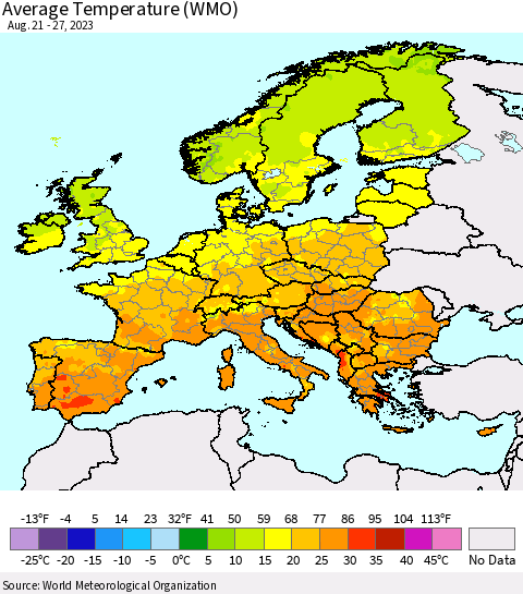 Europe Average Temperature (WMO) Thematic Map For 8/21/2023 - 8/27/2023