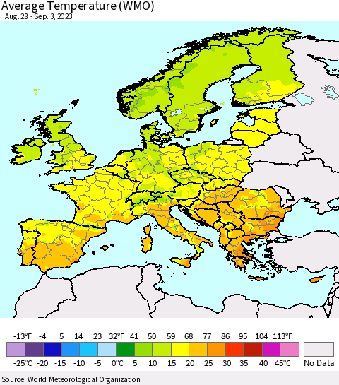 Europe Average Temperature (WMO) Thematic Map For 8/28/2023 - 9/3/2023