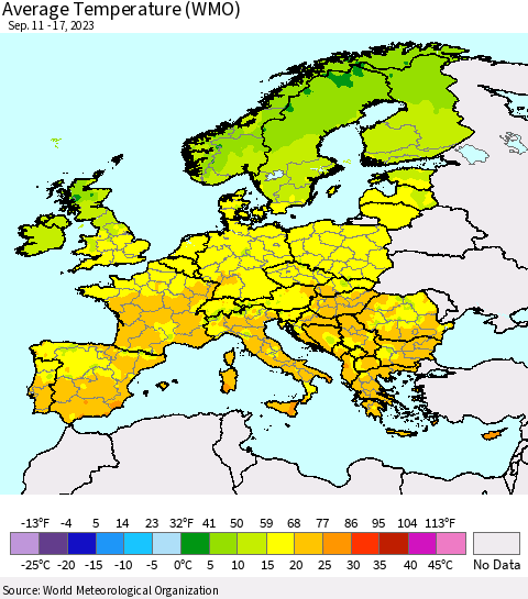 Europe Average Temperature (WMO) Thematic Map For 9/11/2023 - 9/17/2023