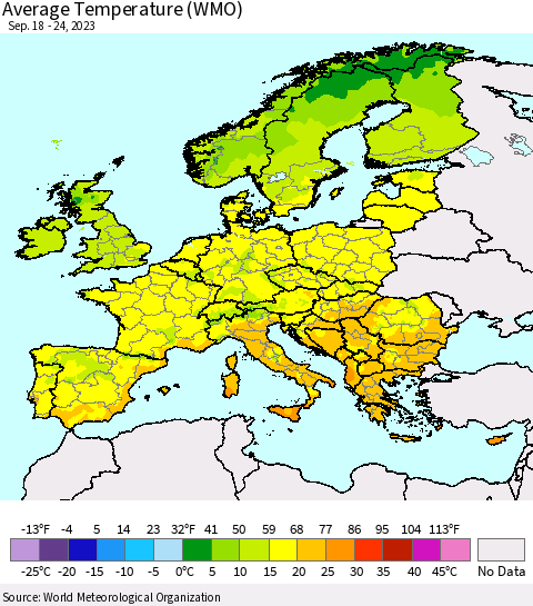 Europe Average Temperature (WMO) Thematic Map For 9/18/2023 - 9/24/2023