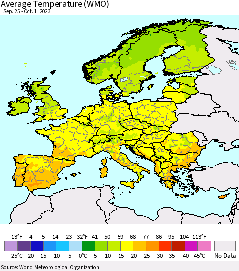 Europe Average Temperature (WMO) Thematic Map For 9/25/2023 - 10/1/2023