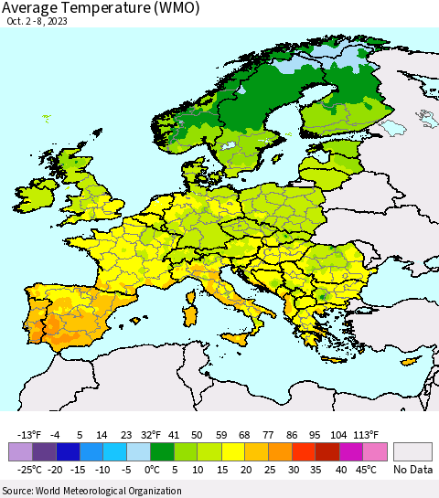 Europe Average Temperature (WMO) Thematic Map For 10/2/2023 - 10/8/2023