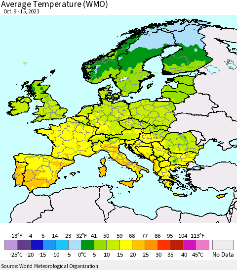 Europe Average Temperature (WMO) Thematic Map For 10/9/2023 - 10/15/2023